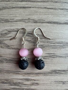 Aromatherapy Light Pink and Black Lava Bead Drop Earrings